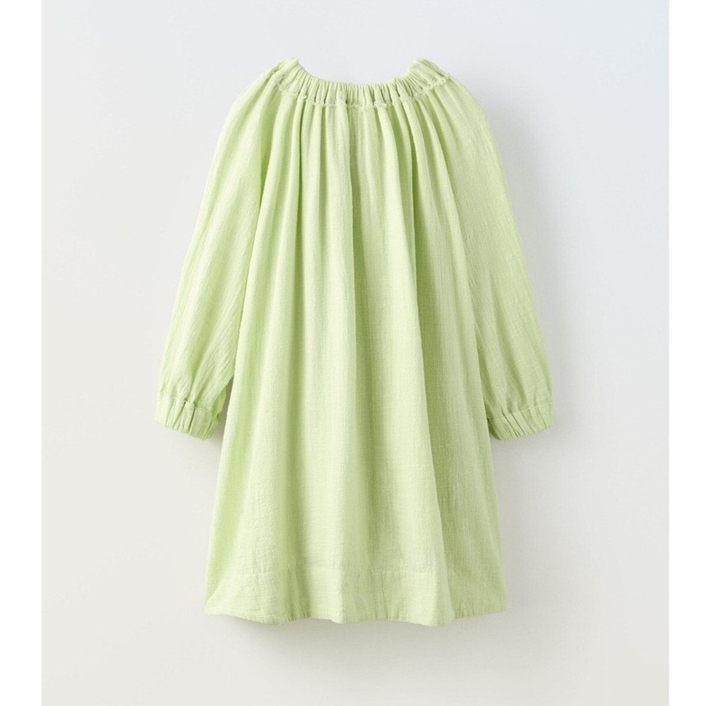 Zara Lime Green Textured Cotton‎ Gauze Long Sleeve Dress Girls Size 11-12 Kids